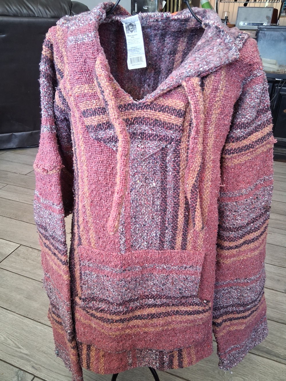 Textured Rose Baja Hoodie Sweater with Stripes